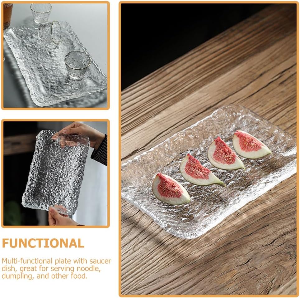SHOWERORO Glass Serving Plate Embossed Sushi Dish Bathroom Vanity Tray Rectangular Tray for Sashimi Desserts Fruits Snacks Makeup