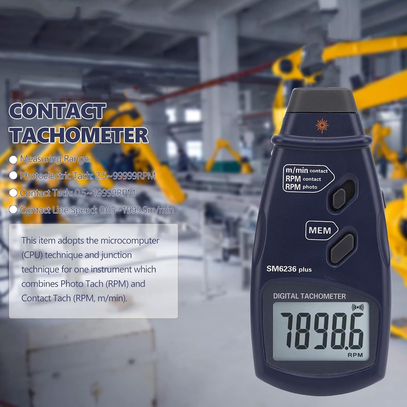 Precisión del tacómetro digital Pantalla LCD grande 2 en 1 Diseño Medidor de rotación del tacómetro de mano Ventilador del motor