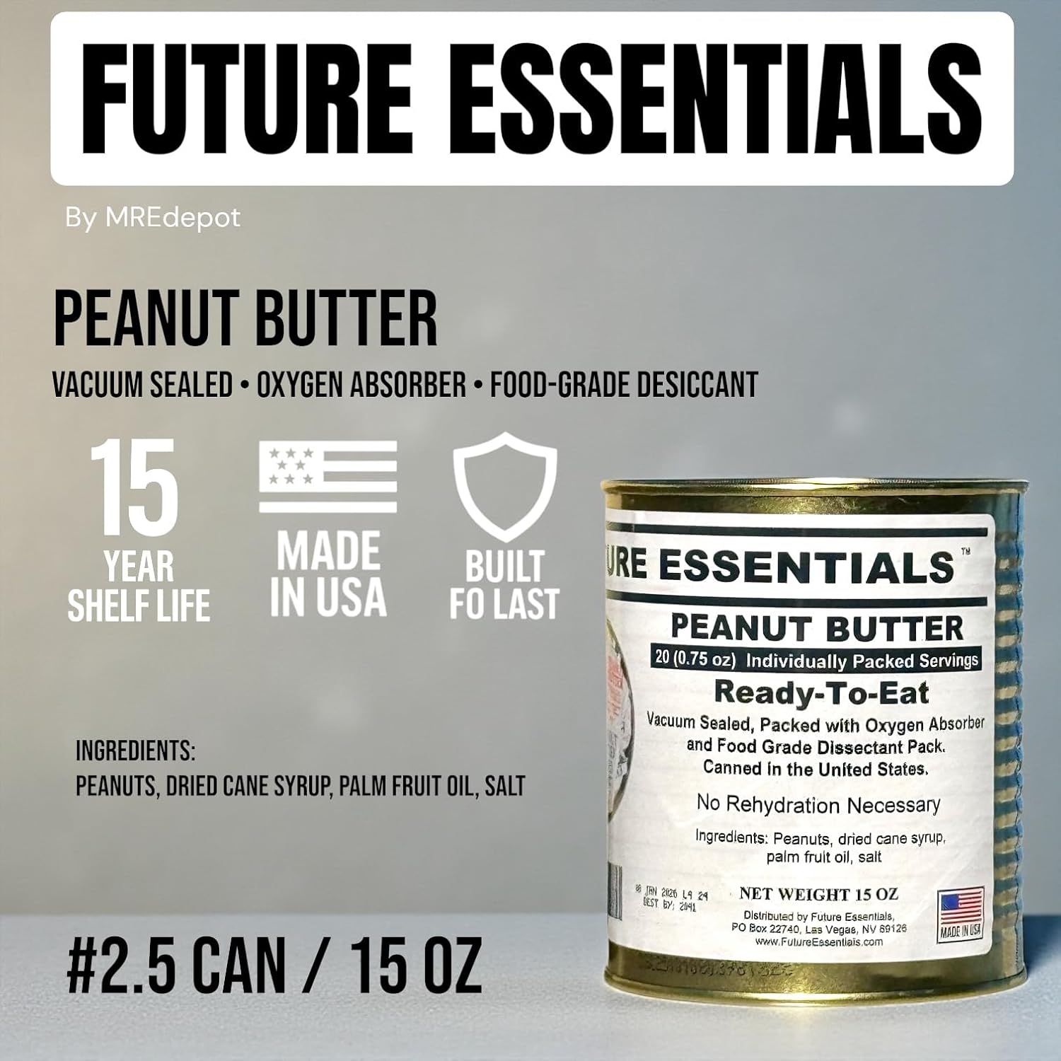 Future Essentials Canned Peanut Butter – Ready-to-Eat, Creamy Peanut Butter with 15 Year Shelf Life – Suitable for Snacks, Survival, & Travel – #2.5 Can, 15oz, 20 Individually Packed Servings
