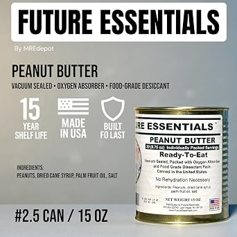 زبدة الفول السوداني المعلبة الجاهزة للأكل من Future Essentials، زبدة الفول السوداني الكريمية ذات العمر الافتراضي 15 عامًا، مناسبة للوجبات الخفيفة والبقاء على قيد الحياة والسفر #2.5 علبة، 15 أونصة، 20 وجبة معبأة بشكل فردي