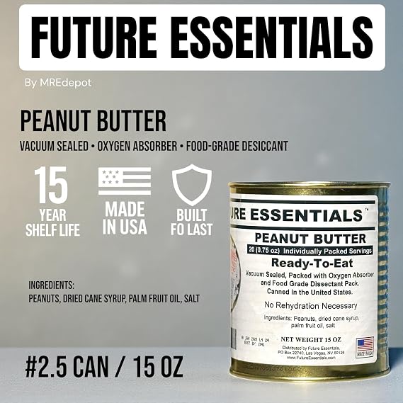 زبدة الفول السوداني المعلبة الجاهزة للأكل من Future Essentials، زبدة الفول السوداني الكريمية ذات العمر الافتراضي 15 عامًا، مناسبة للوجبات الخفيفة والبقاء على قيد الحياة والسفر #2.5 علبة، 15 أونصة، 20 وجبة معبأة بشكل فردي