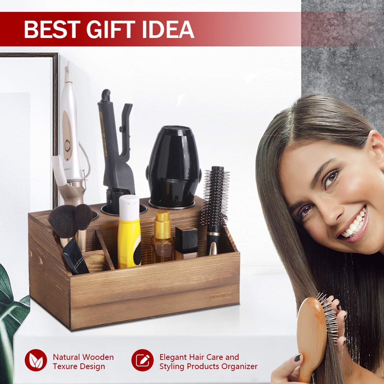 ROLOWAY Wooden Hair Tool Organizer - Blow Dryer Holder - Curling Iron Holder - Flat Iron Holder - Hair Styling Tools & Accessories Organizer - Bathroom Vanity Countertop Organizer (Torched Brown) : Home & Kitchen