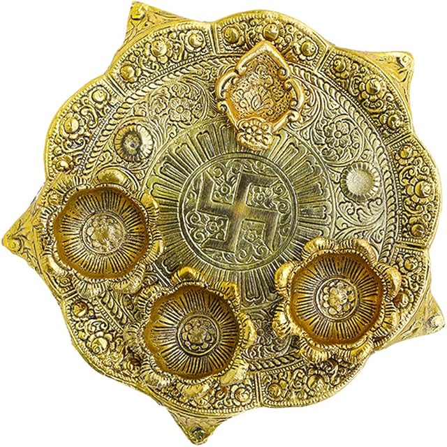 Metal Pooja Thali Plate Platter Engagement Plate Decorative Steel Puja Thali with Essential Pooja Articles, for Aarti Pooja Rituals Festival Wedding Decorations, Gifting (Size- 8")