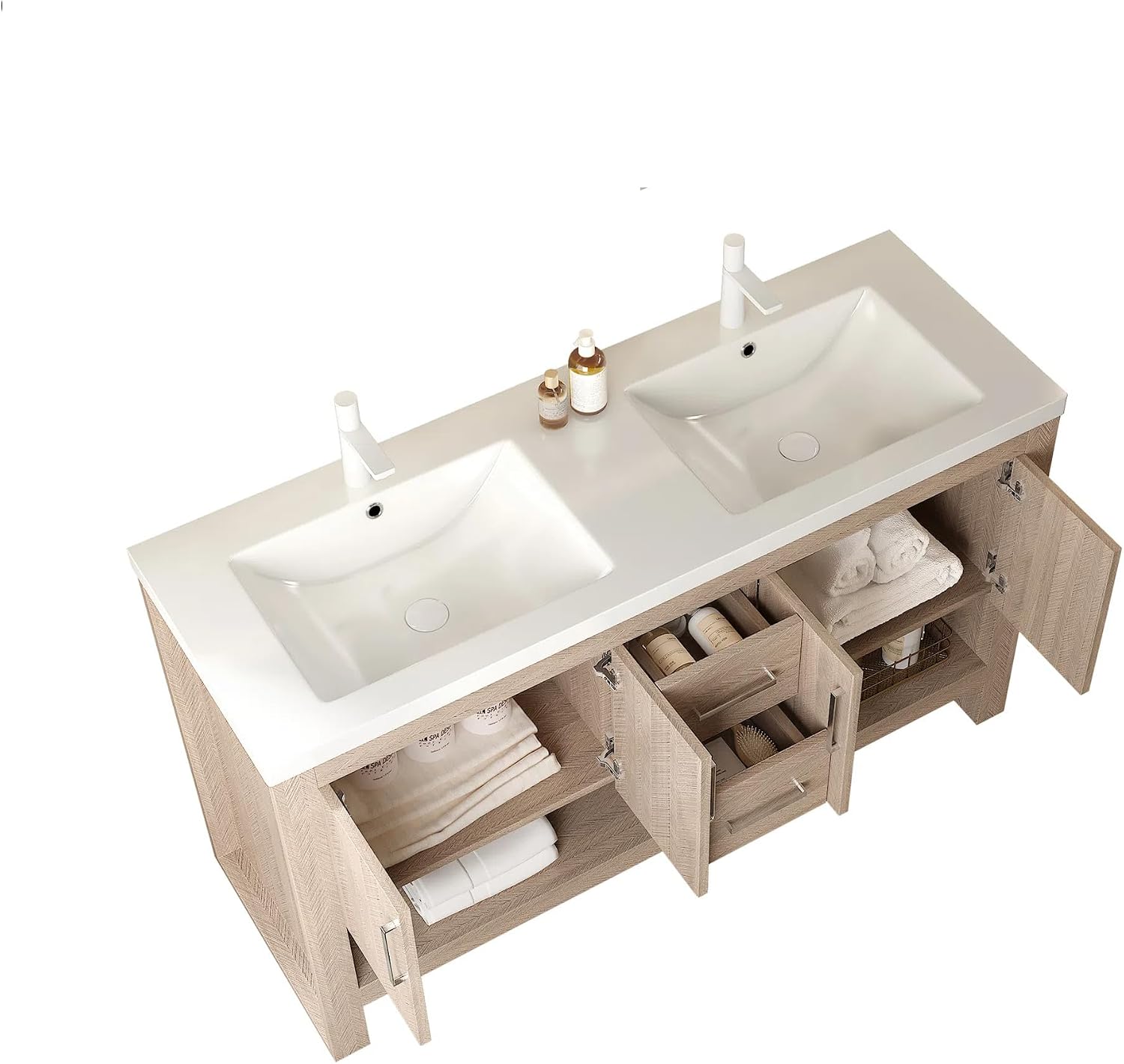 60" Freestanding Bathroom Vanity with Dual Undermount Sinks, Light Oak Woodgrain Plywood Storage Cabinet, 2 Soft-Close Drawers, 4 Doors & Open Shelf, Acrylic Integrated Basin