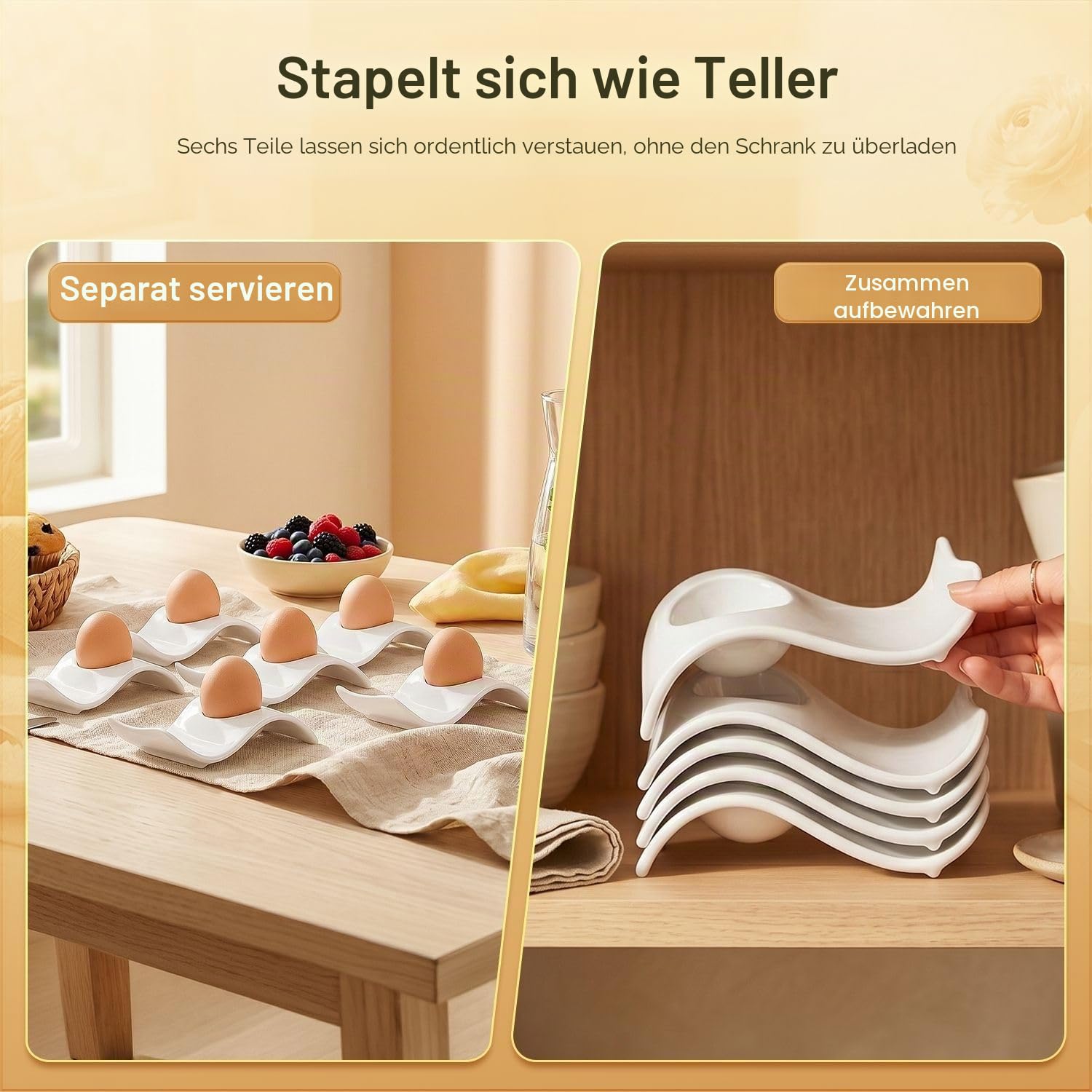 Flexzion Eierbecher für weichgekochte Eier – 6er-Set Keramik-Eierhalter – stapelbare Eierbecher mit Sockel zum Servieren, Frühstück & Brunch – Tischdeko, Wellen