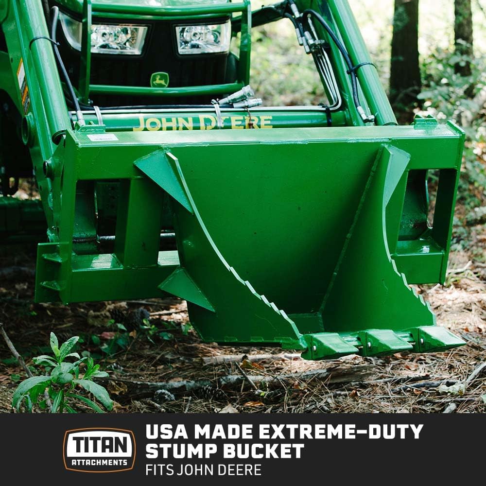 Titan Attachments USA Made Extreme Stump Bucket, Fits John Deere Hook & Pin Tractors, Heavy-Duty Tree Stump Remover, Serrated Leading Edge with Replaceable Teeth, Green Tractor Accessories