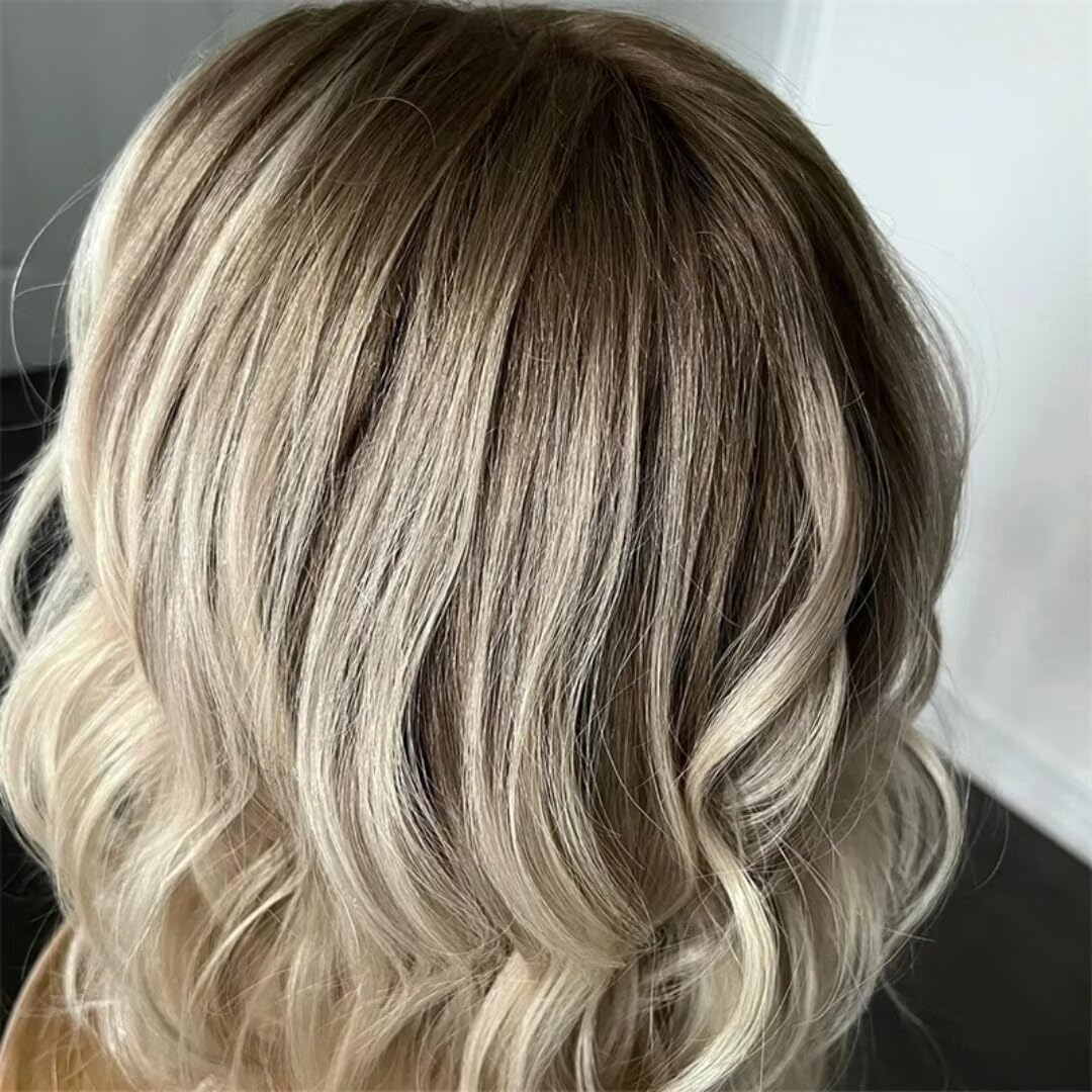 Short Bob Ash Blonde Lace Frontal Wig Human Hair Brown Highlight 13x4 Water Wave HD Transparent Lace Front Human Hair Wigs For Women 180% Density Brazilian Hair Blonde Highlight Wigs 16Inch