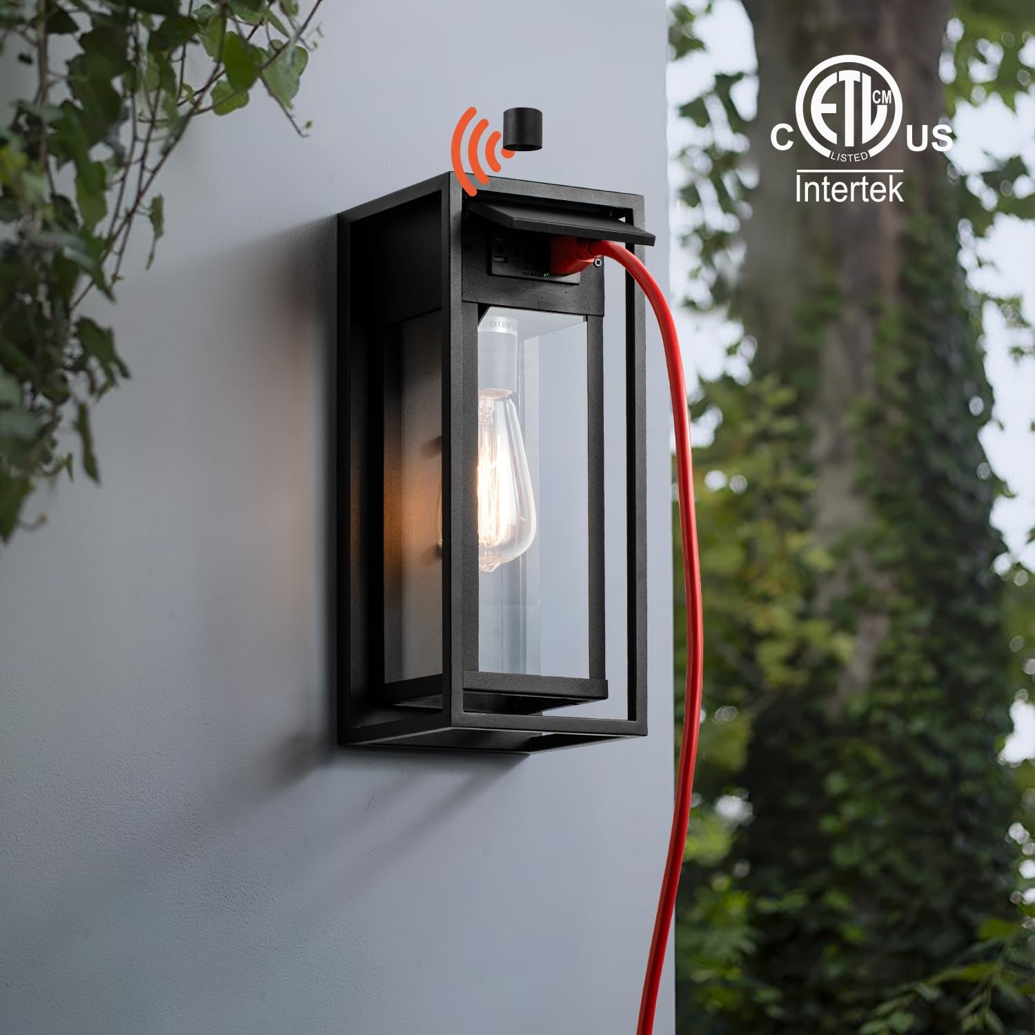 mirrea Outdoor Porch Light Fixture with GFCI Outlet, Dusk to Dawn Exterior Wall Sconce with Plug, Waterproof Outside Lights for Front Door, Matte Black, 14-Inch