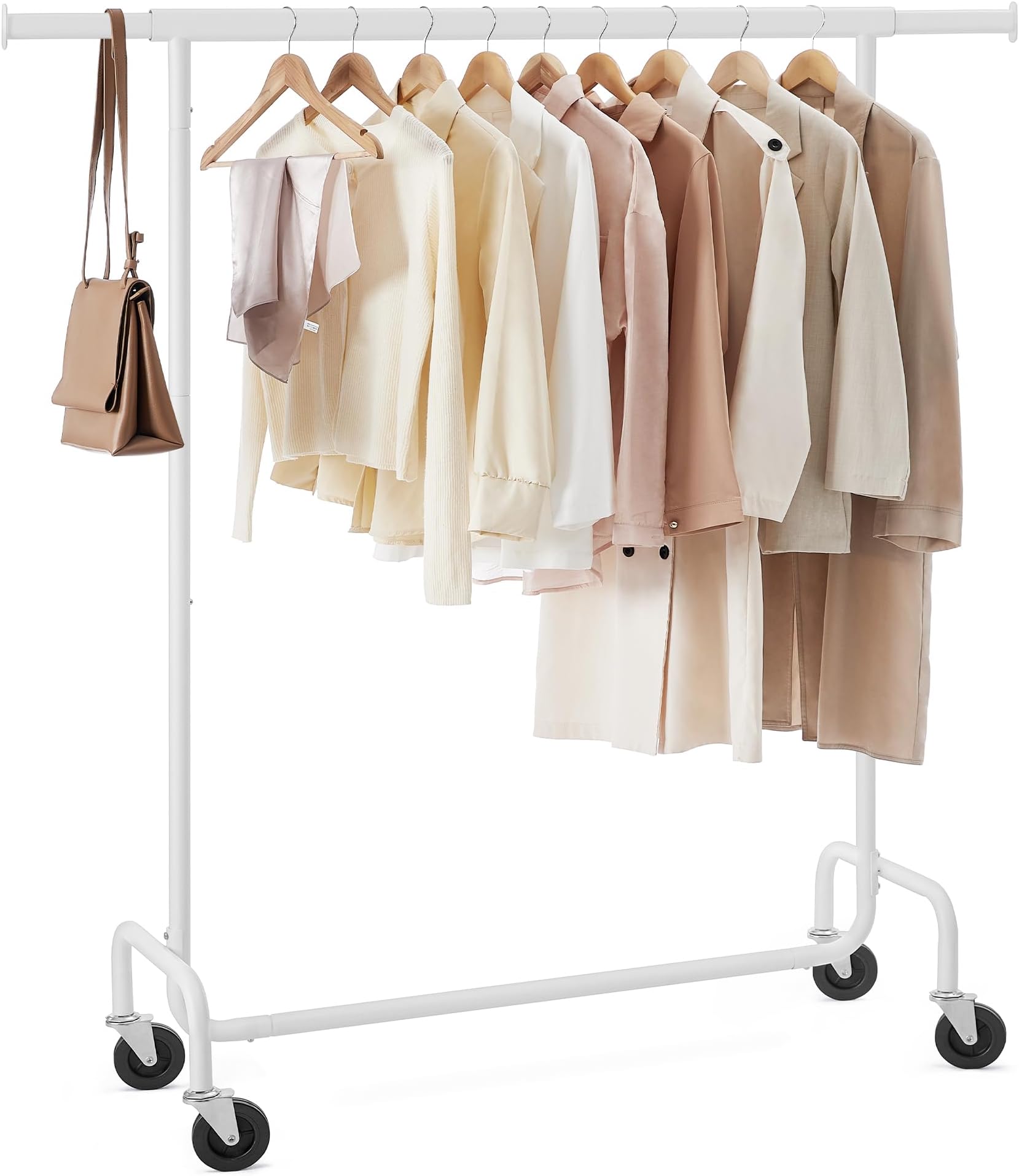 SONGMICS Clothes Rack with Wheels, Heavy-Duty Garment Rack with Extendable Hanging Rod, 286.6 lb Load Capacity, 17.7 x (43.3-59.1) x 64.1 Inches, Chrome-Plated, Matte White UHSR011W01