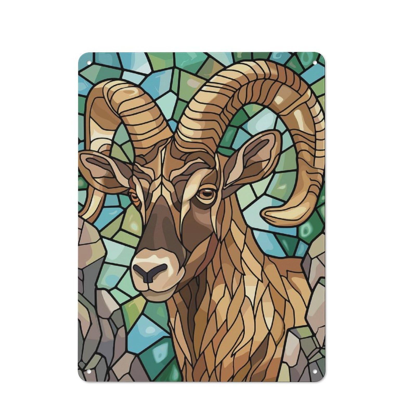 Junmoney Style-24 Garage Style Decorative Metal Plaque 40X30cm Featuring Stained Glass Bighorn Sheep Portrait, Garage Wall Decor For Garage, Workshop, Shed Or Utility Room
