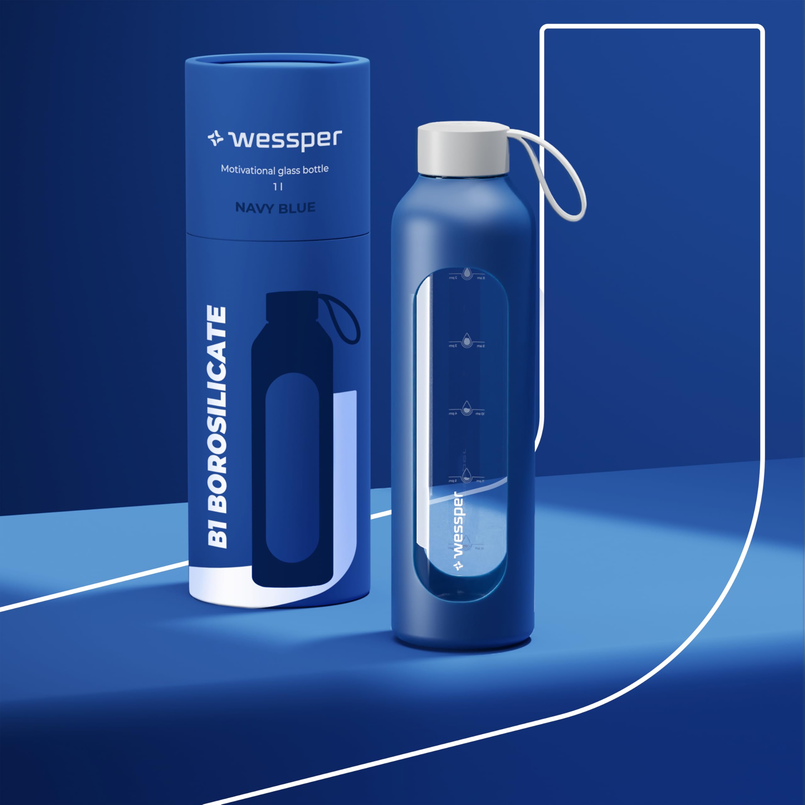 Wessper Botella de Agua Cristal, Botella 1 Litro Motivadora con Escala de Hidratación, Botellas de Vidrio Borosilicato con Funda de Silicona, Material Seguro sin BPA - Azul