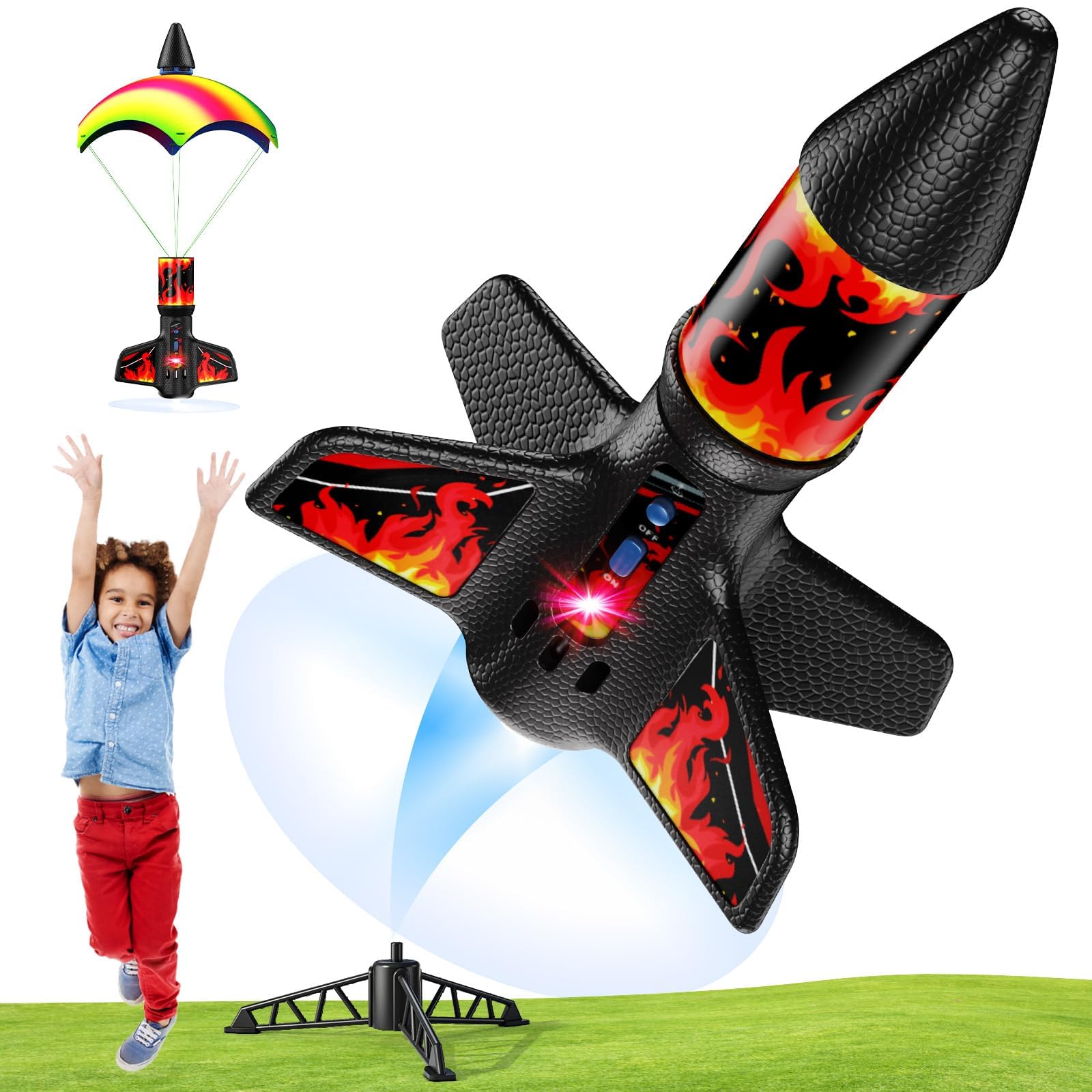 Rocket Launcher for Kids with Parachute LED Light, Flight Altitude 200 Feet, Rechargeable Self-Launching Rocket Launch for Ages 8 to14 Gift for Kid Girl and Boys Red