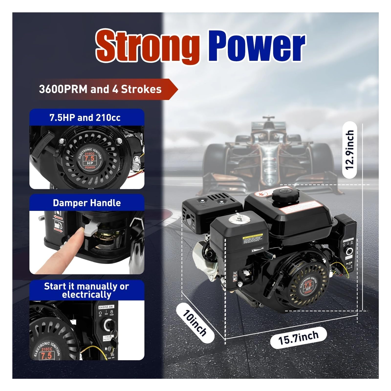 Moteur horizontal à essence de kart à 4 temps à démarra électrique de 7,5 CV et 212 cm³