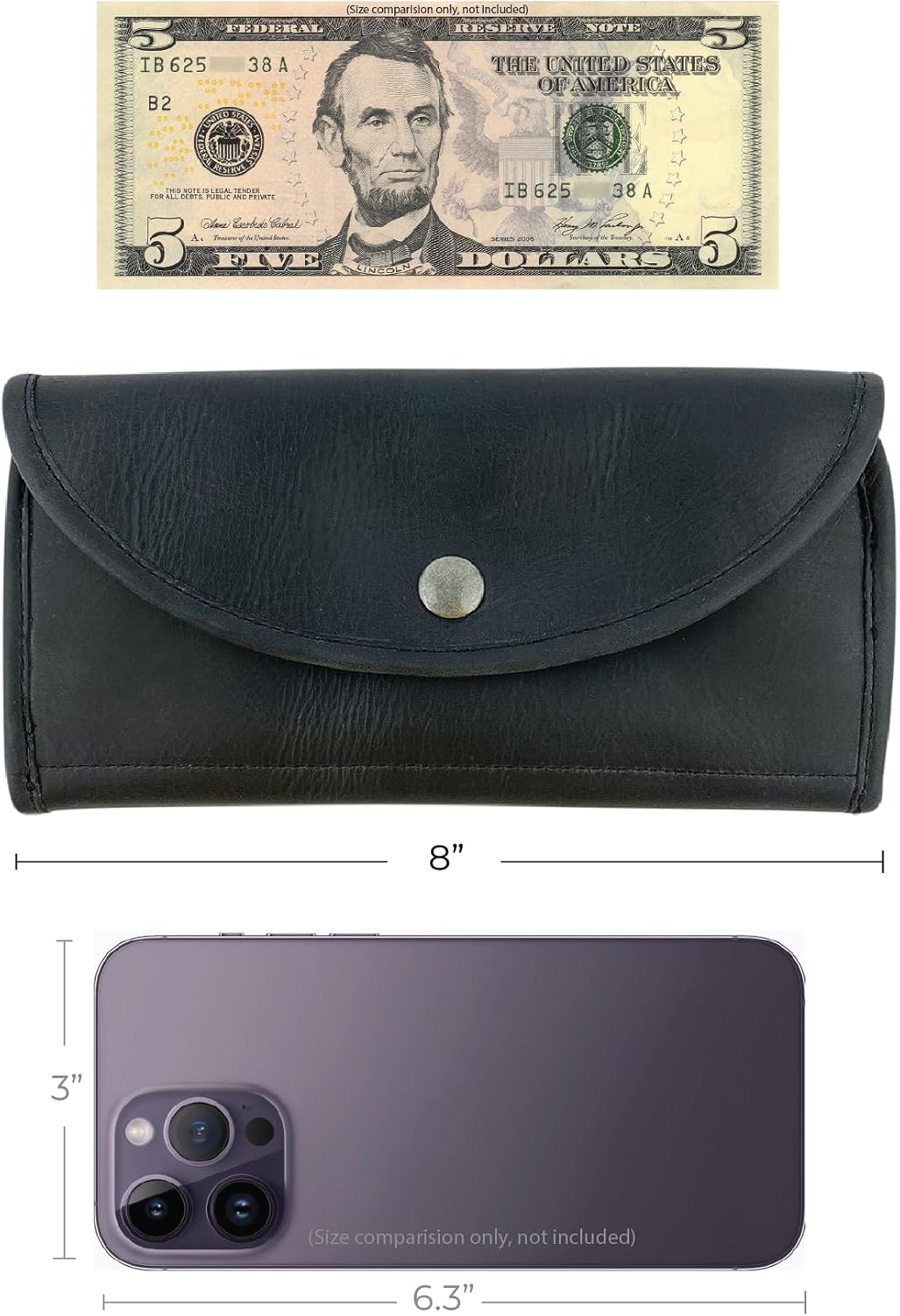 Hide & Drink, Snap Clutch Wallet Handmade from Full Grain Leather - Stylish Organizer with Button Closure and Zipper Coin Pocket - Convenient Storage for Personal Items, Valuables (Charcoal Black)