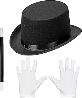 Widmann 00130 Juego de magos, cilindro, guantes y varita mágica, unisex, para niños, negro/blanco, talla única , color/modelo surtido