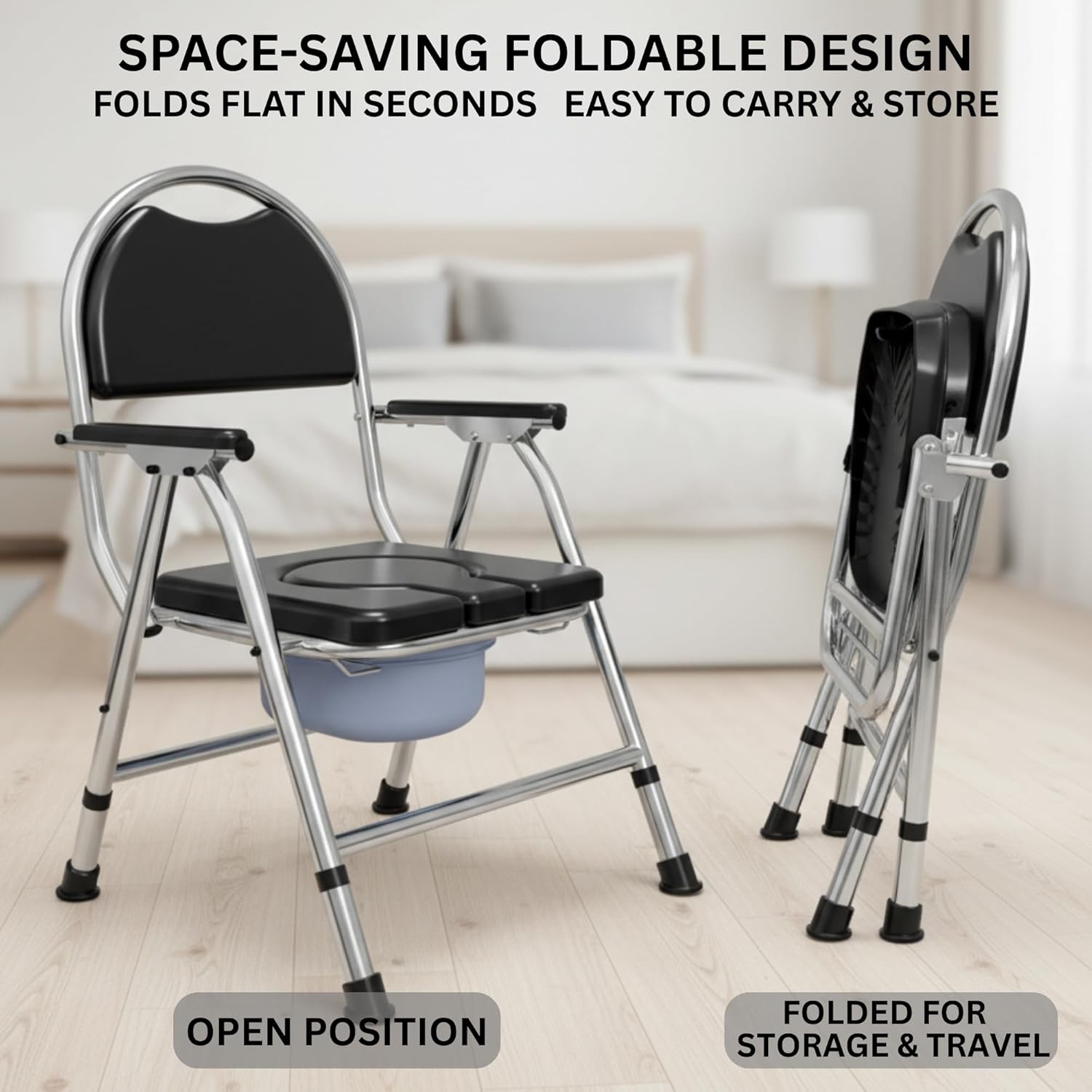 KUYRA 4-in-1 Bedside Commode Chair for Seniors, Folding Adjustable Height Portable Toilet with Arms & Backrest, Removable Bucket, Raised Toilet Seat, Disabled, Pregnant PU Soft Seat (Holds 350 lbs)