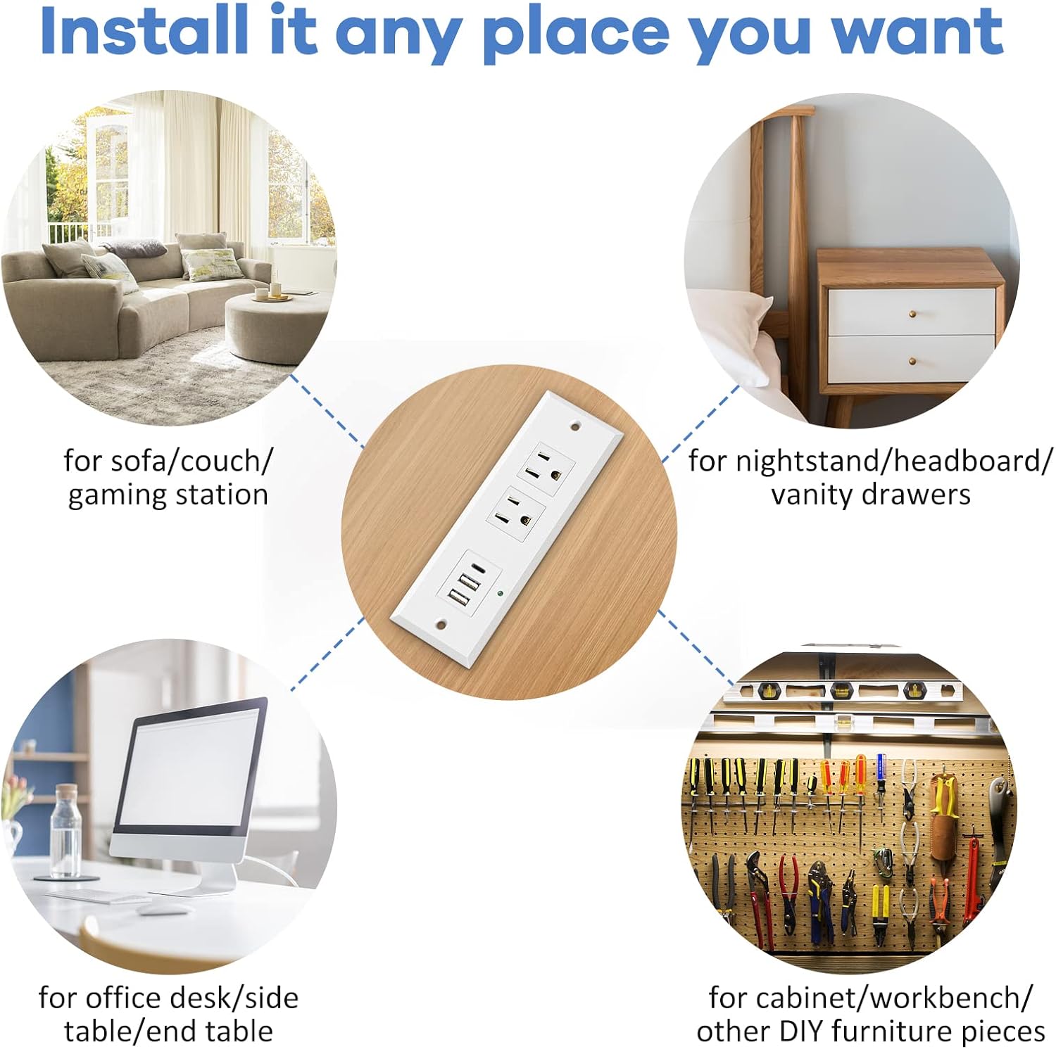 Recessed Power Strip with PD 20W Type-C, Desk Outlets with 2 USB-A & 1 USB-C Port, Furniture Flush Mount Power Strip for Drawer, Side Table, Conference, 45 Degree Flat Plug 6.56 FT Cord, ETL Listed