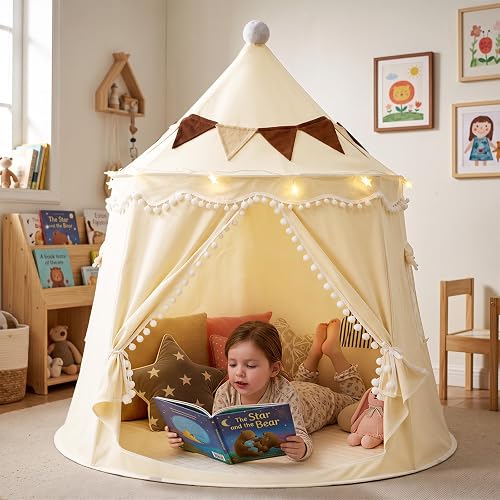 Little Dove Play Tent with Mat, Star Lights & Flags, Portable Cream Castle