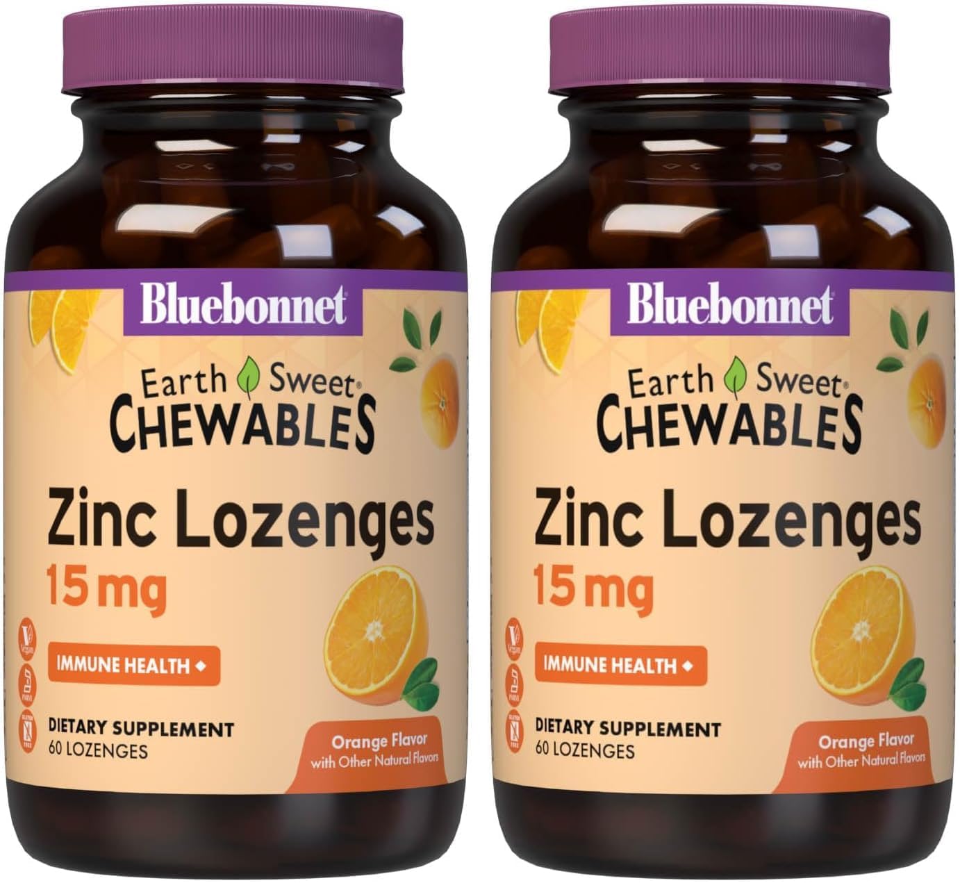 Bluebonnet Nutrition Earthsweet Zinc Lozenges 15mg Chewables, Plus 100mg of Vitamin C, Soy-Free, Gluten-Free, Kosher Certified, Dairy-Free, Vegan, Orange Flavored, 60 Lozenges (Pack of 2)