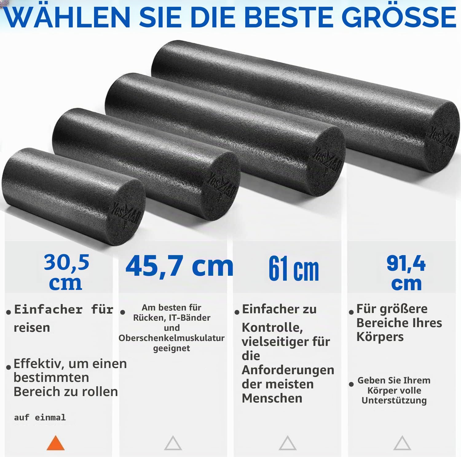 Yes4All Mittelharter Runder PE-Foam Roller 30, 45, 60, 90 cm für Pilates, Yoga, Dehnen, Balance & Core-Übungen