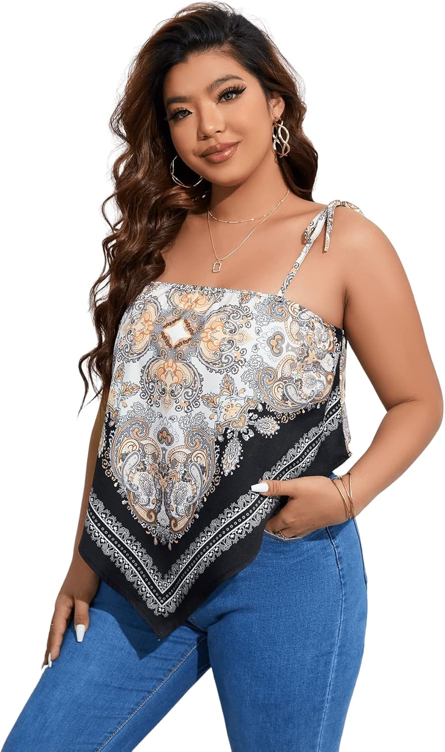 Floerns Women's Plus Size Boho Printed Tie Shoulder Sleeveless Hanky Hem Cami Top - Image 4