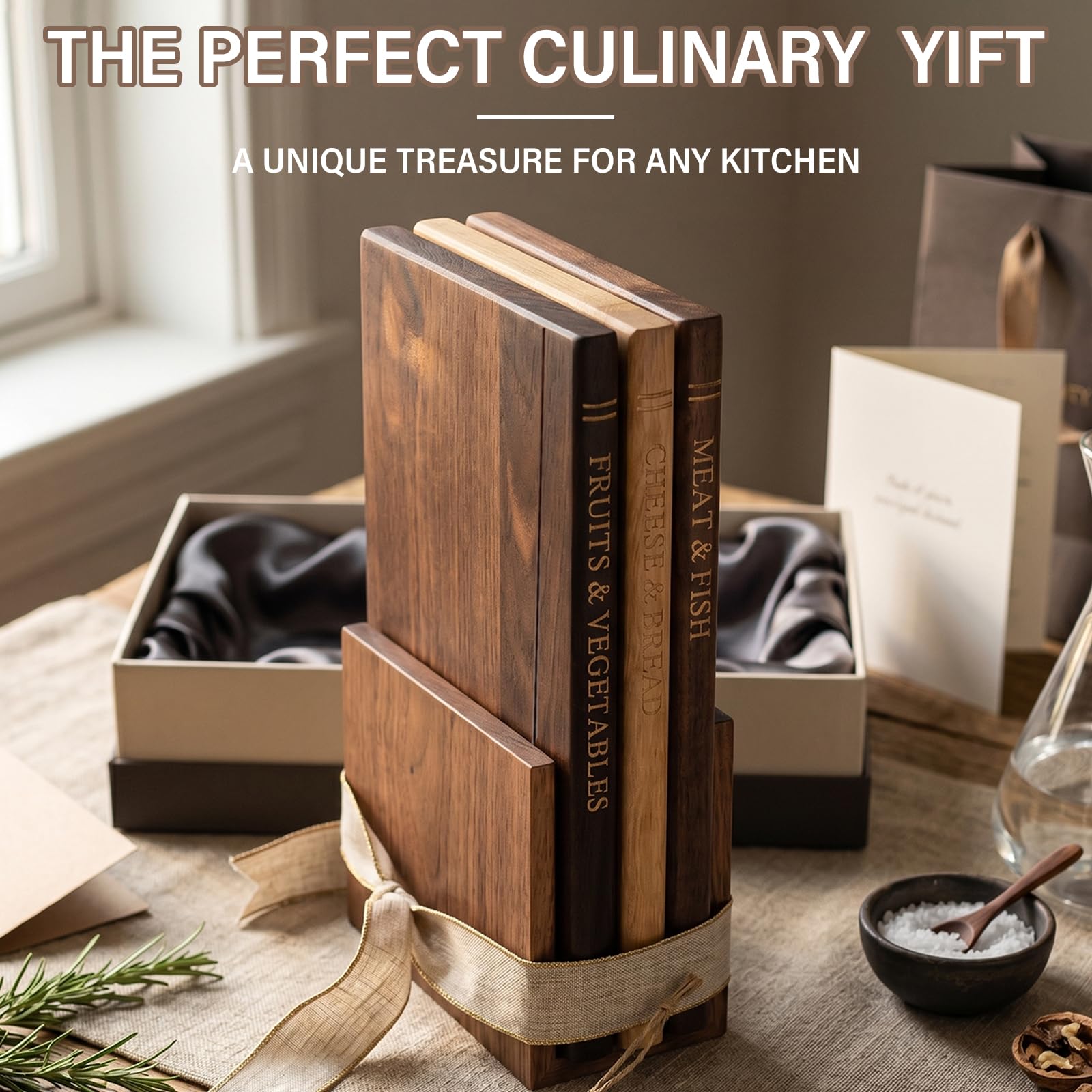 Schneidebrett, das aussieht wie Bücher, 3er Set Holz Schneidebretter mit Ständer, dekoratives Buchdesign für Käse, Brot, Fleisch & Gemüse
