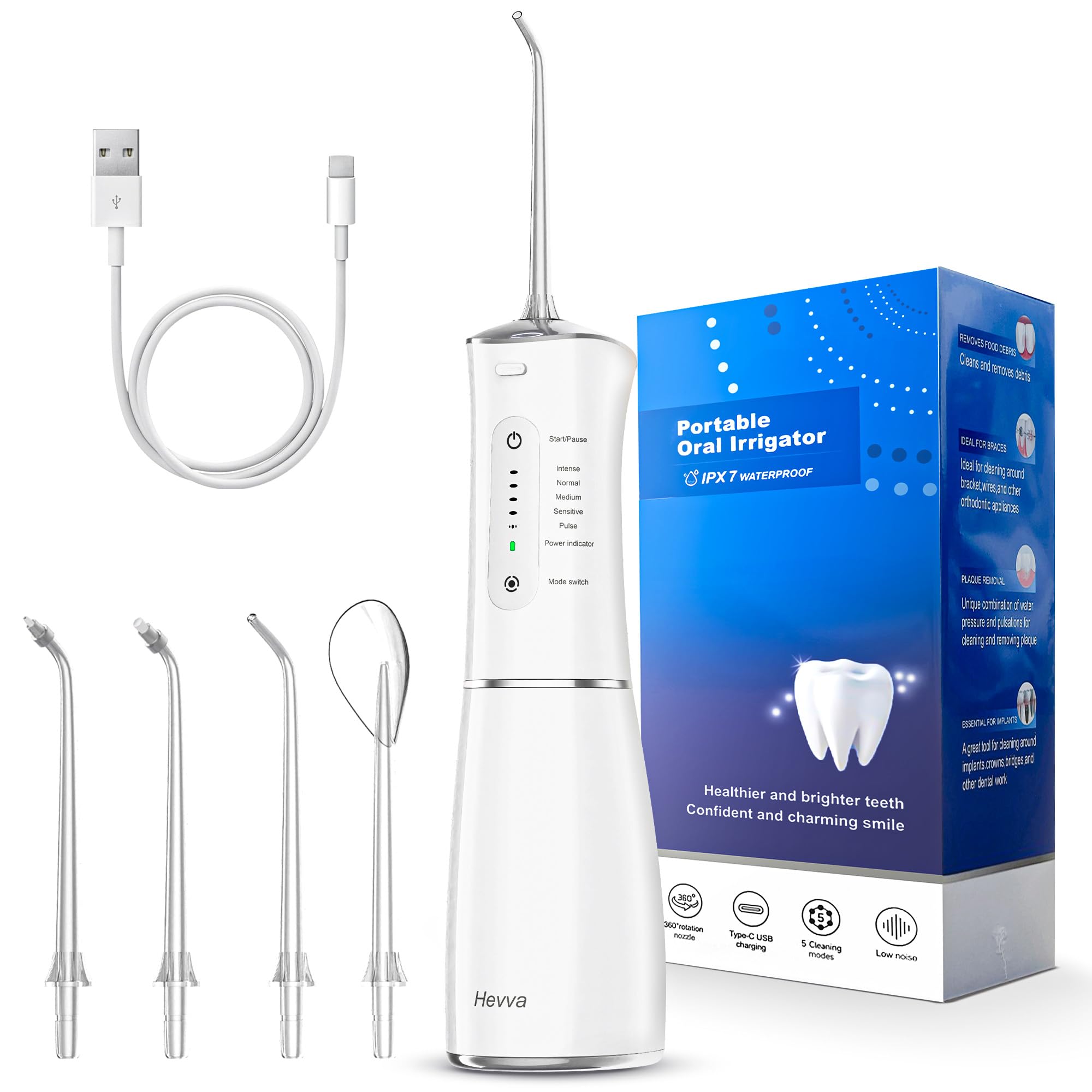 Hevva Irrigador dental de agua de 300 ml, tanque de agua de gran tamaño, recargable, IPX7, impermeable, púa de dientes, portátil, inalámbrica, irrigador bucal, máquina de limpieza de hilo dental