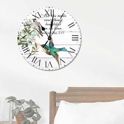 Miniatura 180 de ArogGeld He Made Everything Beautiful - Reloj de pared de PVC con flores rosadas, colibrí, reloj de pared grande con cita y números romanos, reloj