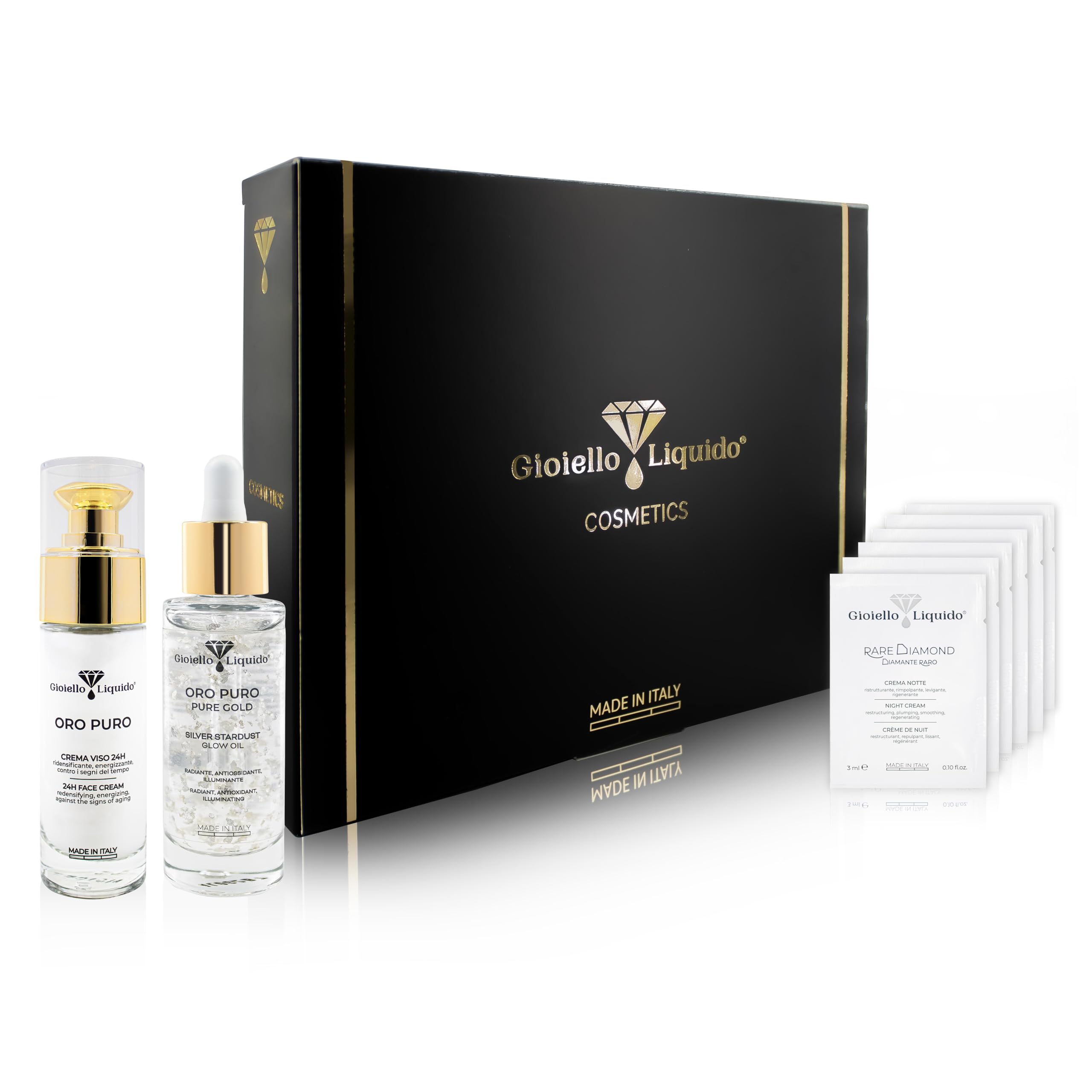 Elastische Geschenkbox – 1 Gesichtscreme mit Kollloidalgold, Damaszener Rose, X50 Antiaging + 1 Gesichtsöl mit reinem Silber und konzentrierten Ölen – gratis Proben-Set – 30 ml Gioiello Liquido