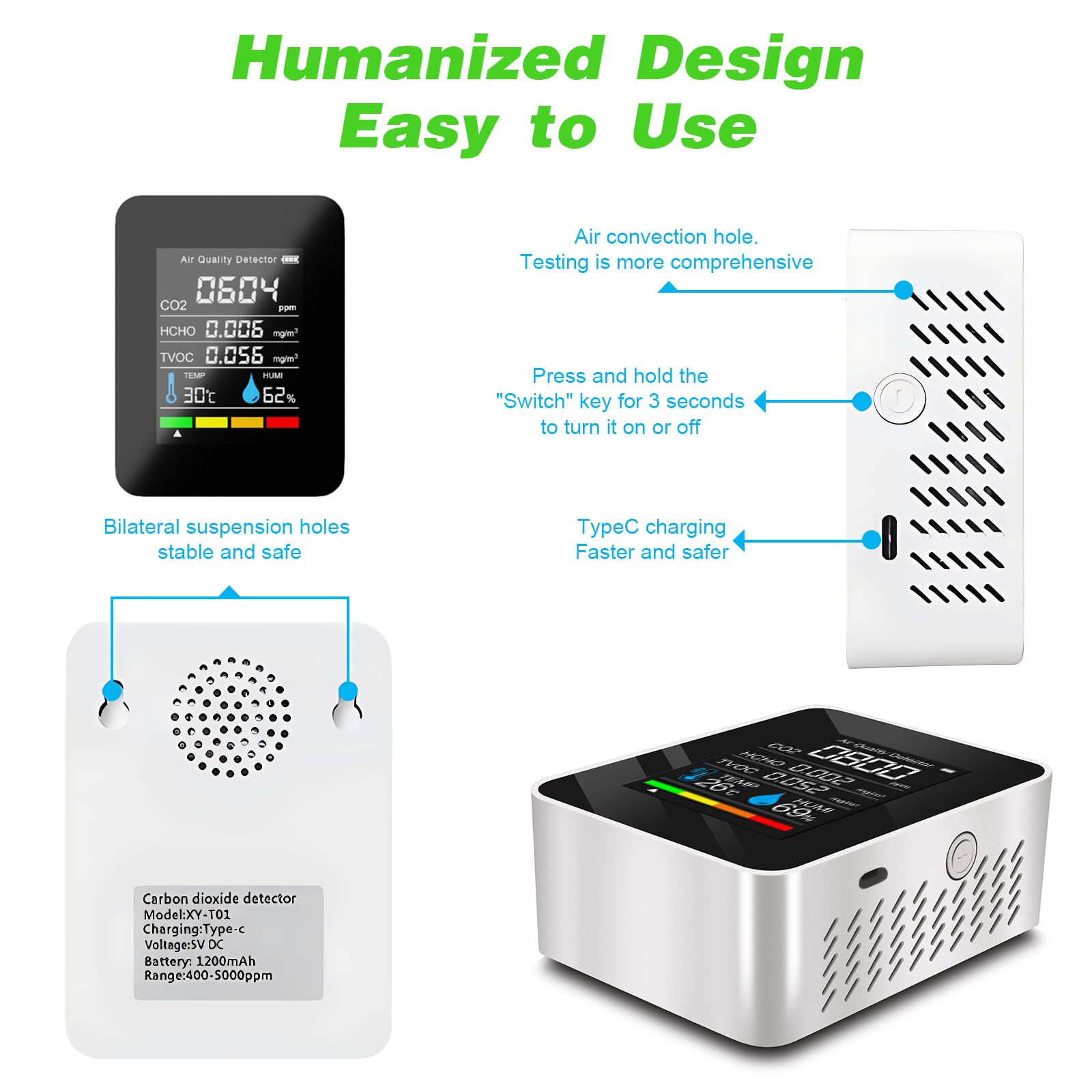 OBEST Medidor de Detector de CO2,Monitor Digital Portátil Temperatura del Aire y Sensor de Humedad,Utilizado en Casas,Fábricas,Oficinas e Interiores