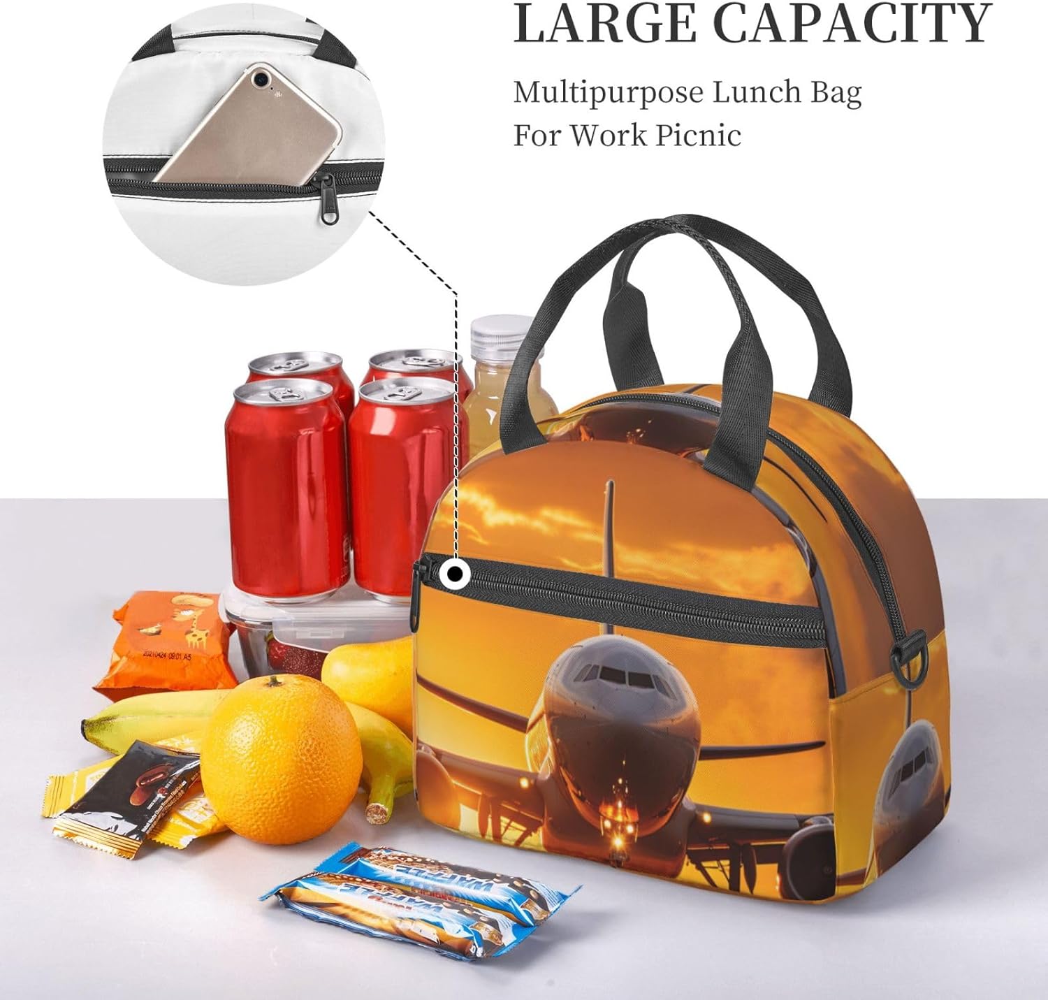 Aircraft Plane at Sunset Print Reusable Lunch Bag Insulated Lunch Boxes for Office Work Picnic Tote Bag Adjustable