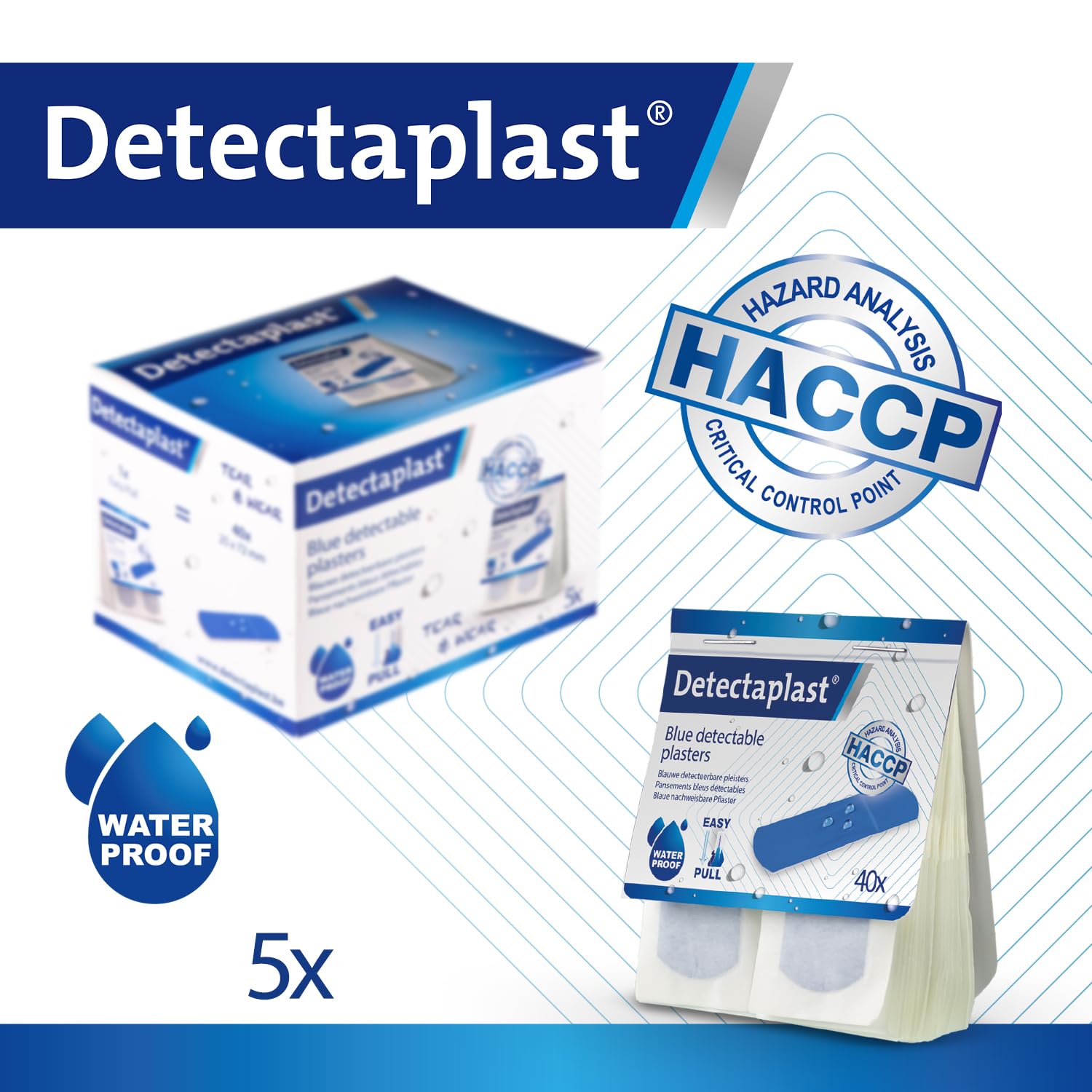 Detectaplast Pflasterspender Nachfüllset, 5 er Set Refill Packungen mit je 40 blauen und wasserfest Pflastern, 200 Wundpflaster für den Umgang mit Lebensmitteln,
