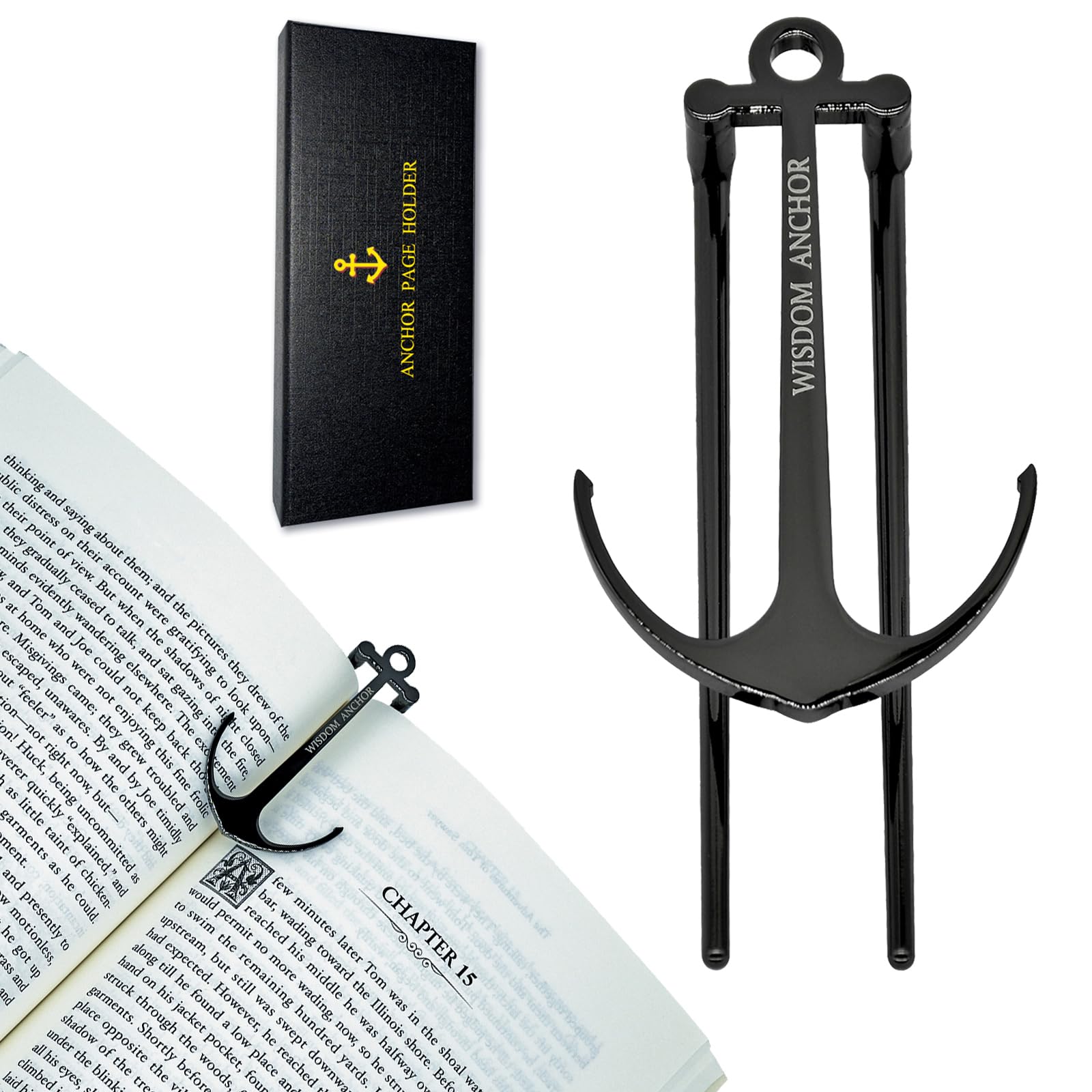 Anchor Page Holder for Hands Free Reading Bookmark Book Opener Reader Gift Metal Portable Music Recipe Book Hardcovers Paperbacks Magazines Clip Accessories, Black