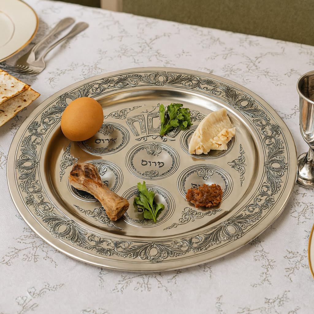 Silver Seder Plate for Passover – Elegant Traditional Design with Hebrew Inscriptions, Durable Decorative Metal, Perfect Centerpiece for Your Pesach or Jewish Holiday Table, Ideal Jewish Wedding Gift