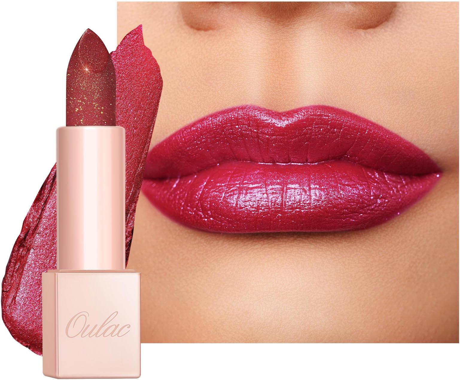 Oulac Shimmer Lipstick for Women, Infinity High Shine Finish, Hydrating Lip Color Infused with Damask Rose Oil for All-Day Comfort, Gluten-Free Vegan Beauty, D03 Soirรฉe Red