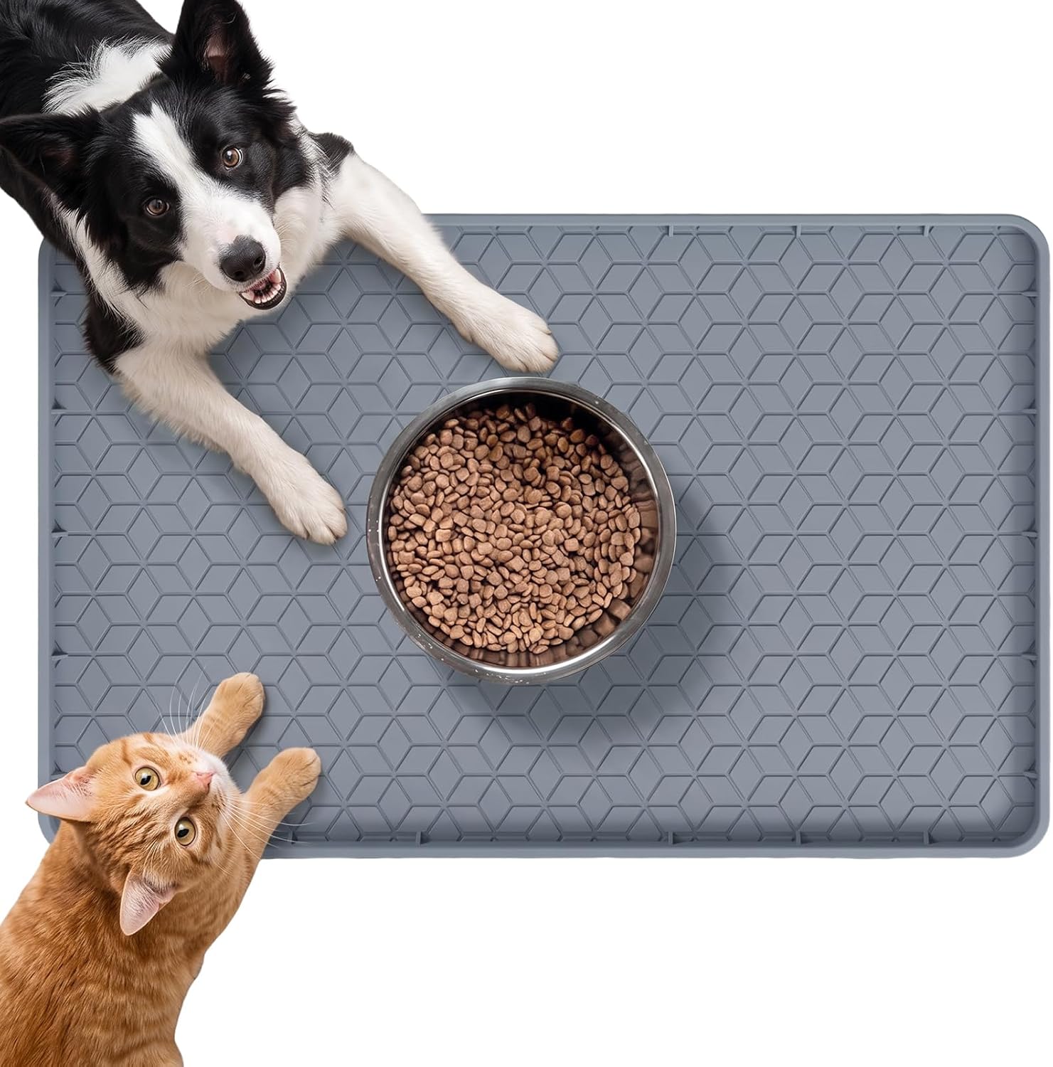 34"x22" Silicone Dog Bowl Mat Waterproof Non-Slip | Extra large pet food mat for messy eaters, raised edges contain spills, safe for multiple dogs/cats, floor protector