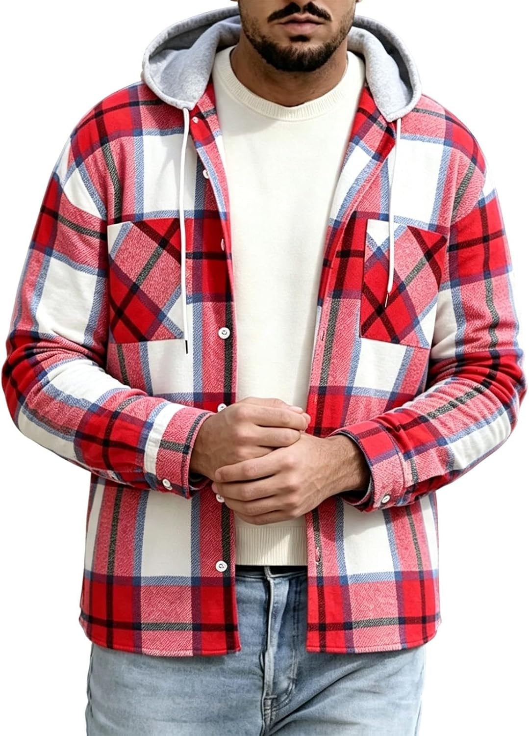 Men's Hoodie Shirts Casual Button Down Long Sleeve Plaid Jacket