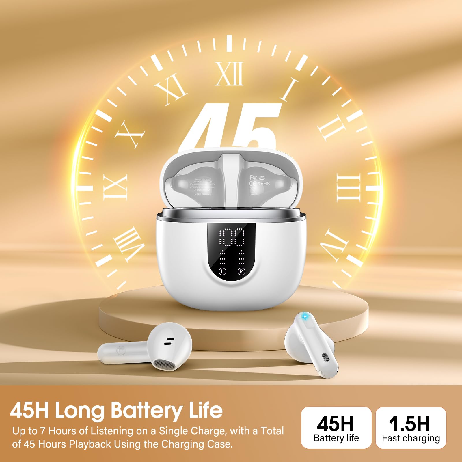 2026 Cuffie Bluetooth 5.4, Auricolari Bluetooth 45Ore, Cuffie Wireless In Ear HiFi Stereo cor LED Display, Cuffie Senza Fili Cancellazione Rumore, Cuffiette Sport IP7 Impermeabili, Headphones Bianco