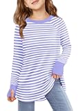 Girls Striped Thumb Hole Long Sleeve Shirts Kids Crewneck Tunic Tops Curved Hem Tees 5-14 Years