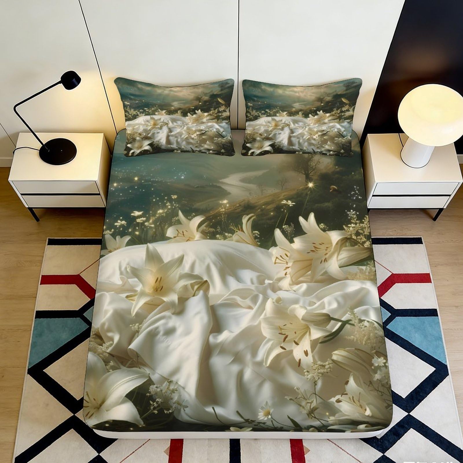 3D Printed Water Lily Lake Fitted Sheet Microfiber Soft Breathable Lotus Pond Bed Cover for Bedroom Decor Mattress Protection 90x200x25cm