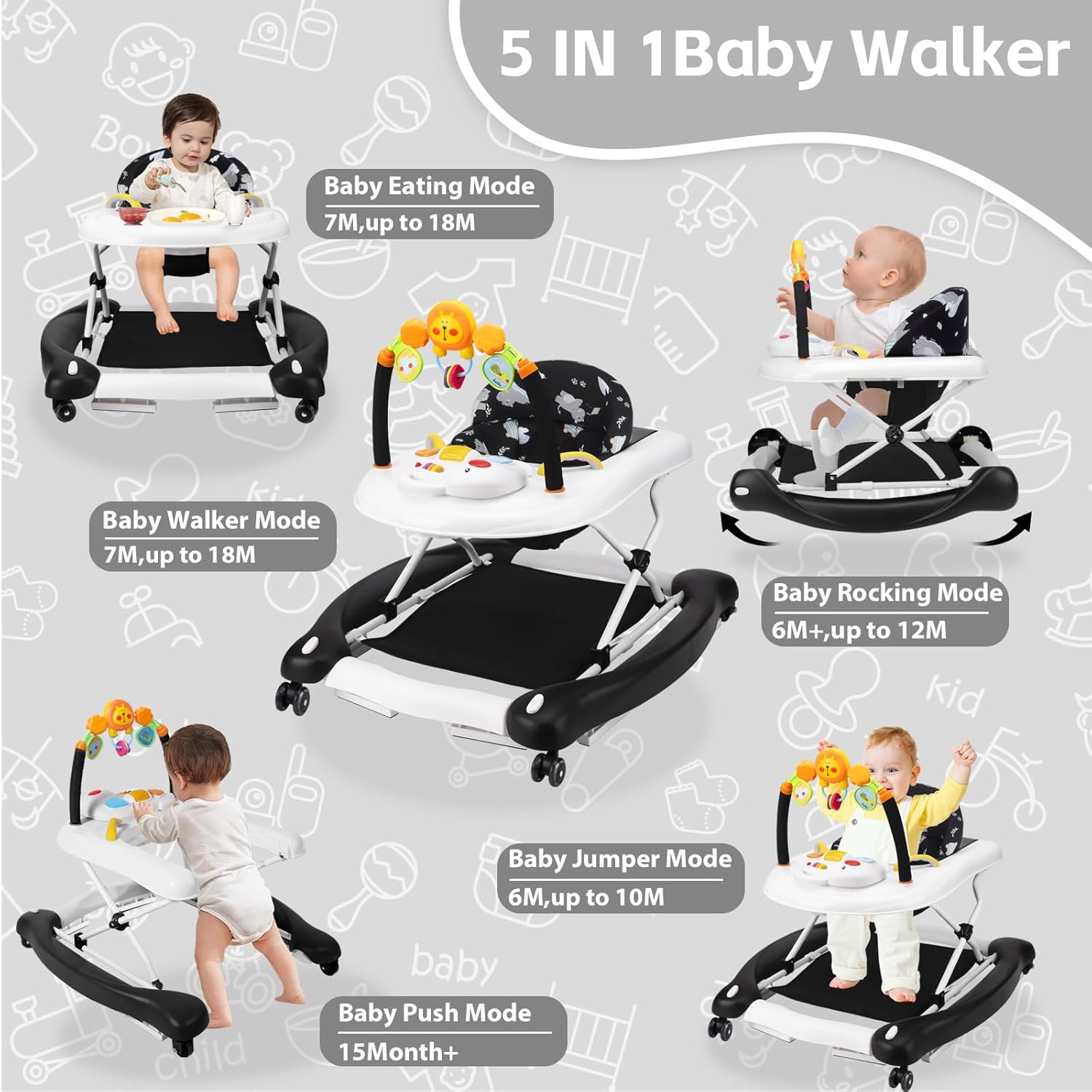 Baby Walker, 5 in 1 Baby Walkers for Boys Girls 6-12 Months, Foldable Walkers for Babies with Bouncer & Feeding Tray, Music, Adjustable Heights, Activity Walker for Infant