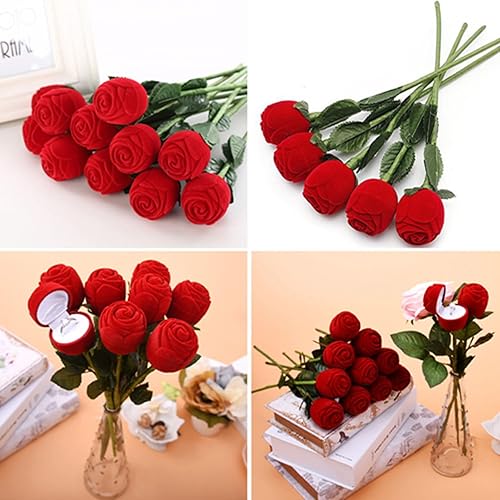 Miniatura 3 de Caja de anillo de rosas, caja de anillo de flores, simulación de rosa roja, aniversario de boda para novia, esposa, romántica