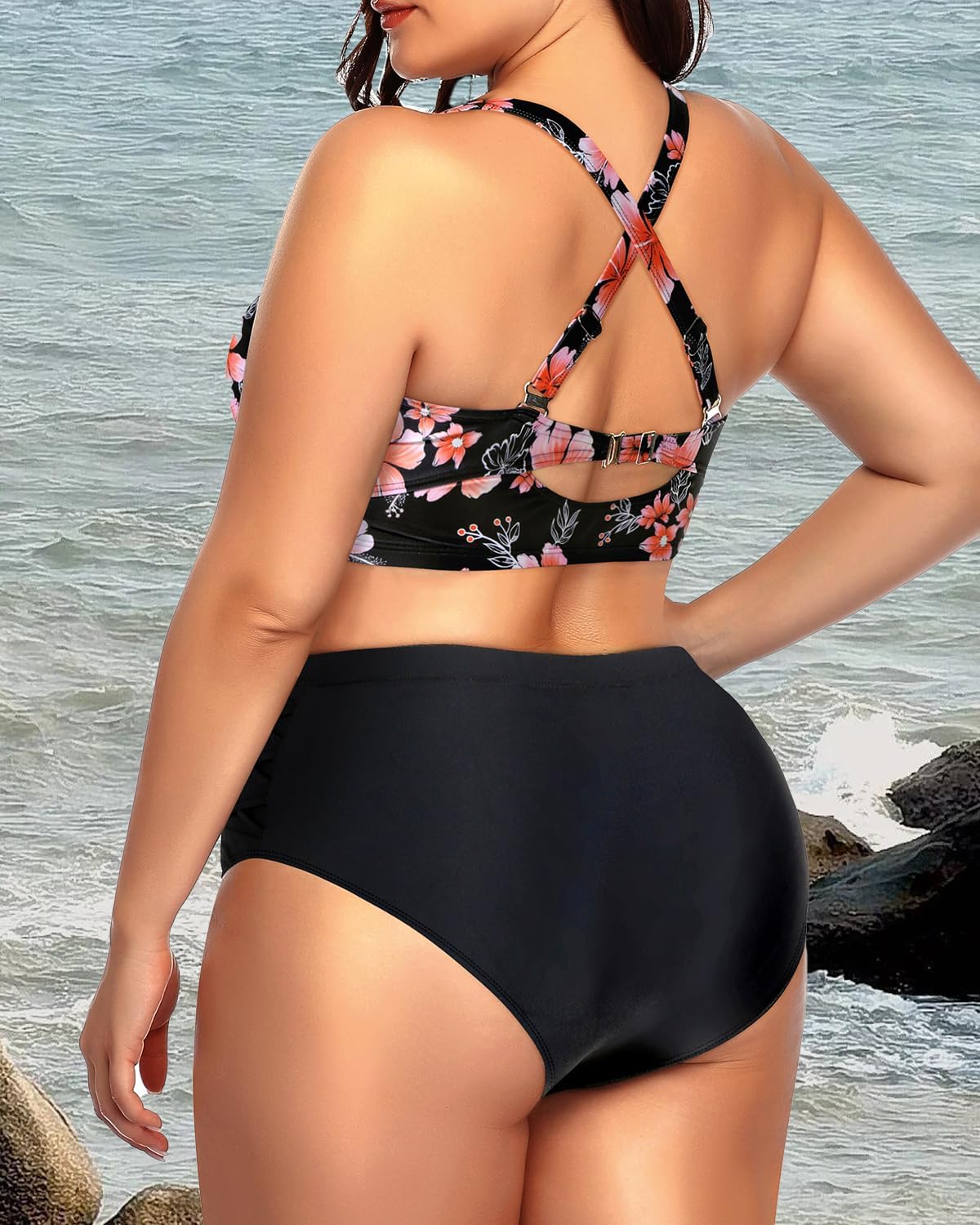Daci Women Plus Size Two Piece Swimsuit - High Waisted Bikini Tummy Control Bathing Suit Bandeau Swimwear