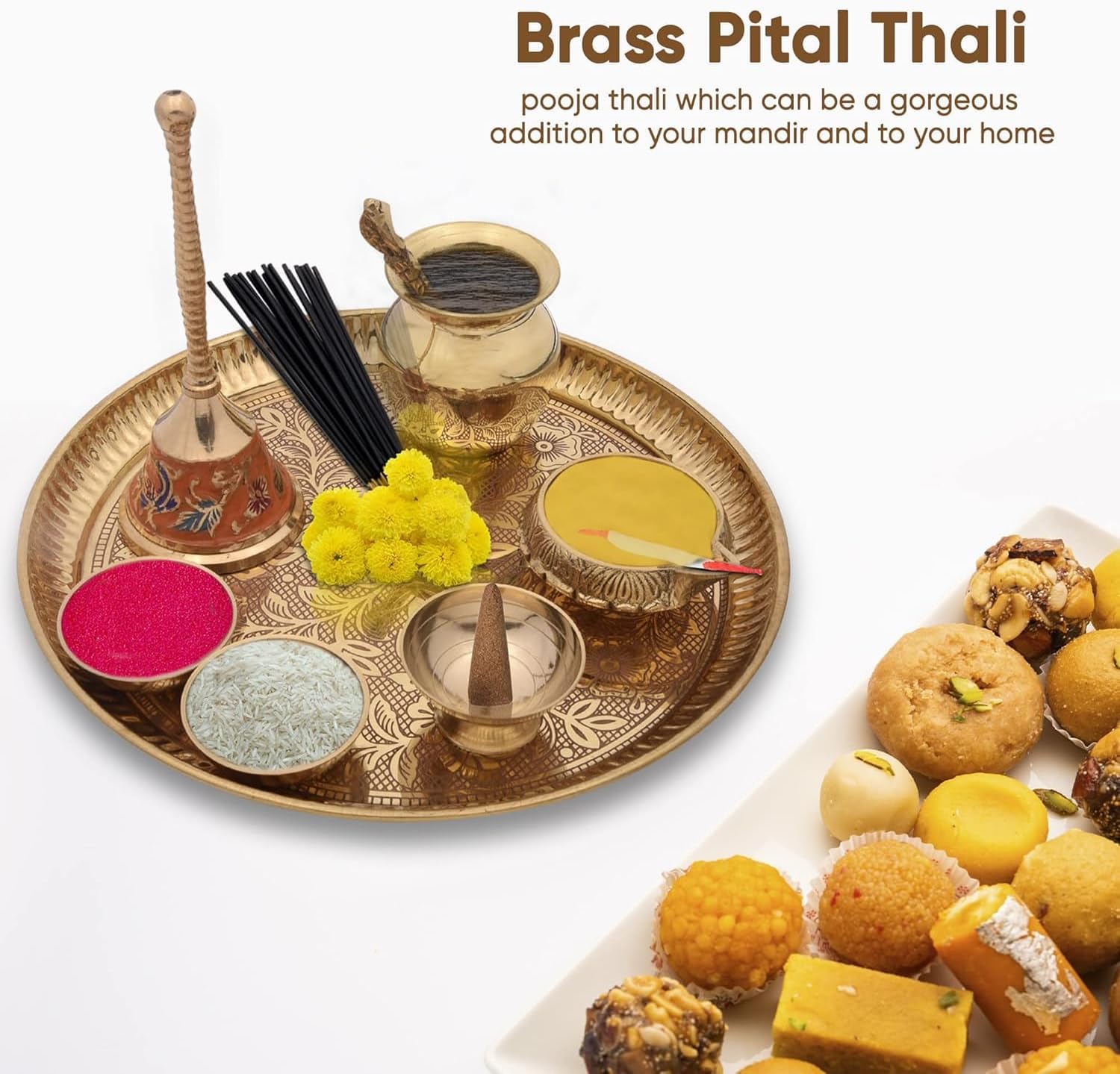 Brass Pooja Items Pooja Thali Set of 8 Pieces Traditional Pital Pooja Articles for Rituals and Ceremonies 9 inch thali