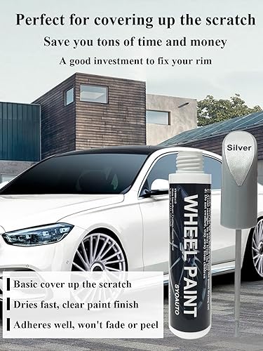 Miniatura 7 de SYOAUTO Pluma de pintura de retoque de borde plateado para reparación de arañazos, pintura de retoque para llantas de automóvil, color universal,