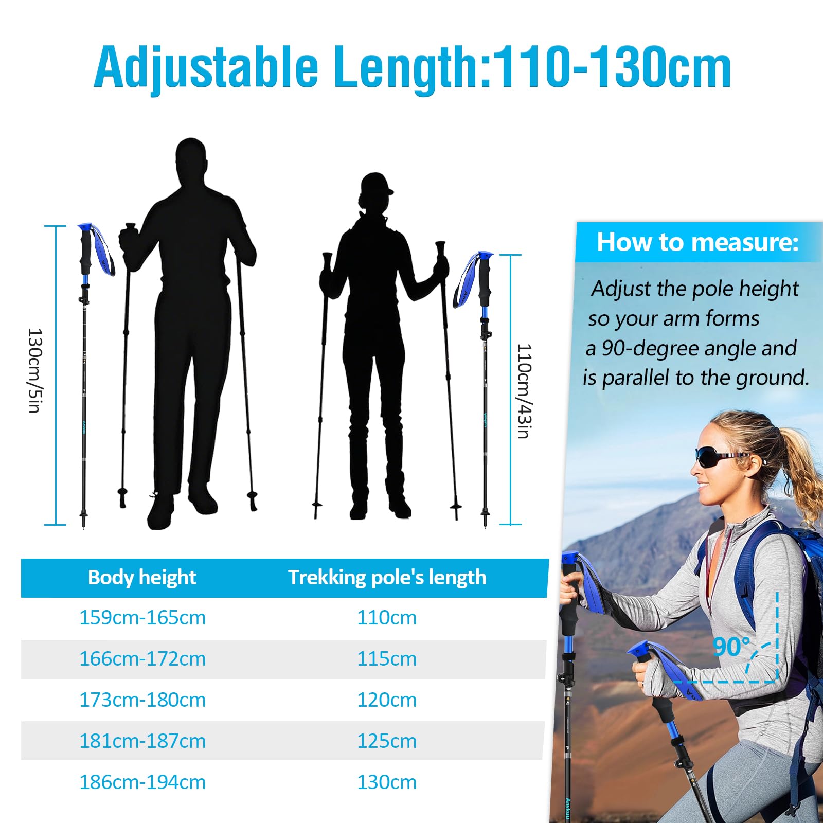 Anykuu 2 bastoncini da trekking, regolabili, 110-130 cm, in alluminio 7075, ultraleggeri, con 6 paia di accessori, per trekking e sci