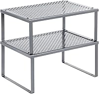 SONGMICS Set of 2 Stackable Metal Spice Racks - Expandable Cabinet Shelf Organizers, Countertop Risers, 22lb Capacity, Silver UKCS01SV