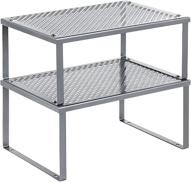 SONGMICS Spice Racks, Set of 2 Metal Cabinet Shelf Organizers, Countertop Organizers, Shelf Risers, Stackable, Expandable, Silver UKCS01SV