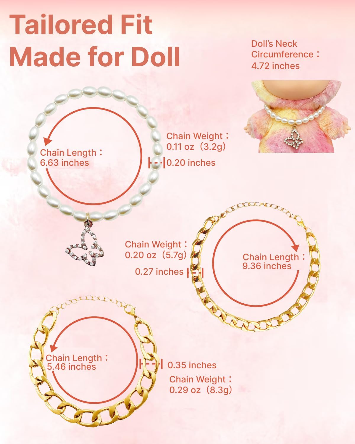 3Pcs Necklace Set for Labubu Doll, Pearl Butterfly Pendant Necklace & 2 Gold Cuban Chains, Doll Outfit Accessories, Jewelry Set for 17cm Dolls
