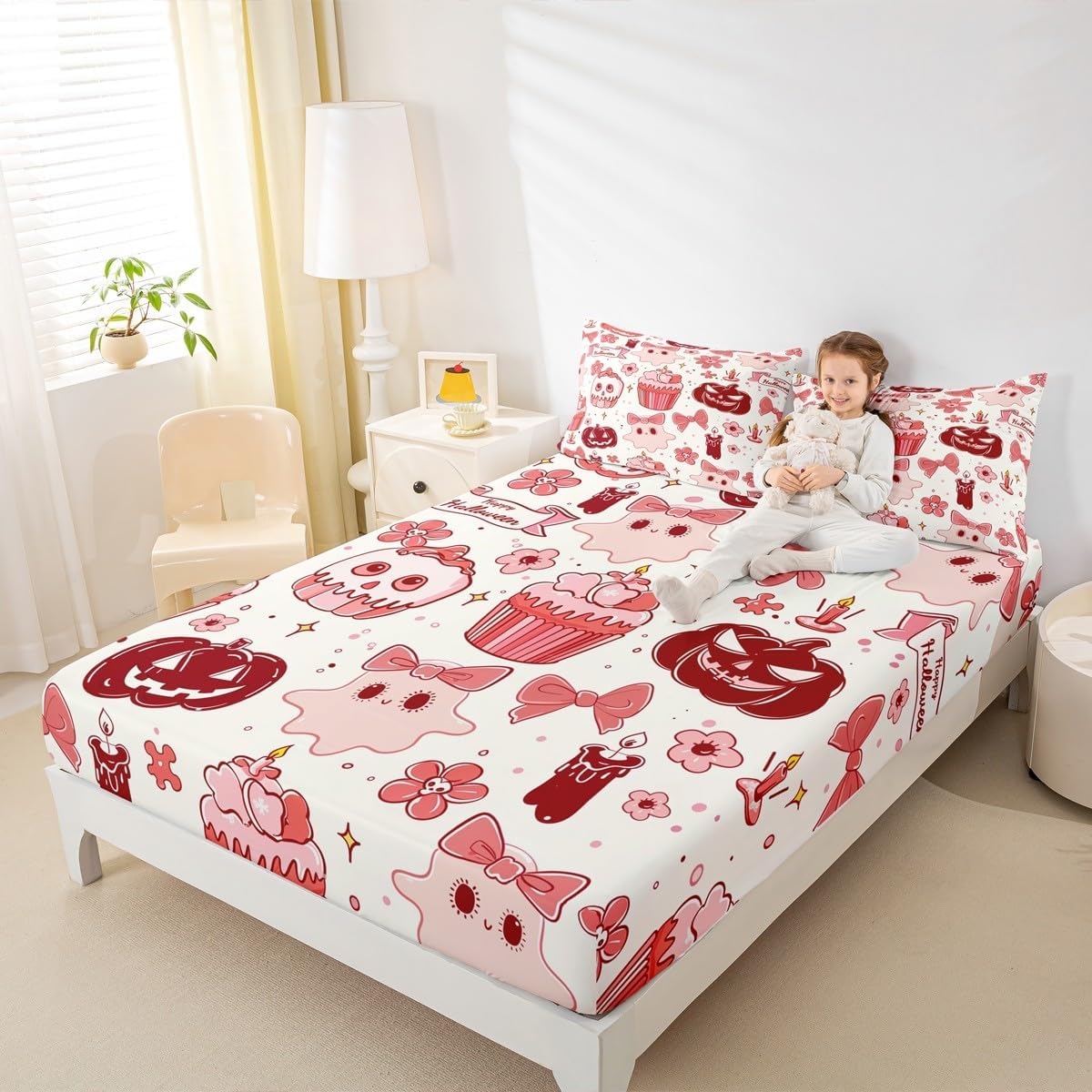 Feelyou Happy Halloween Bed Sheets Set Full Size Cartoon Ghost Pink Deep Pocket Fitted Sheet Cake Bow Cute Bedding Sets Pink Soft Bedding 3Pcs with 2 Pillow Cases, NO TOP Sheet